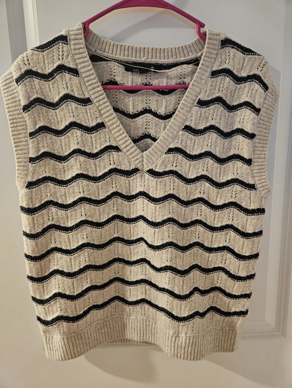 Women’s Cream Knit V-Neck Sweater Vest with Dark Blue Stripe Detail